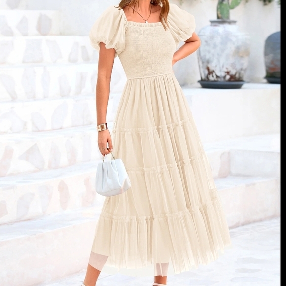 PrettyGarden Dresses & Skirts - Chic Cream Maxi Dress with Puff Sleeves B19
